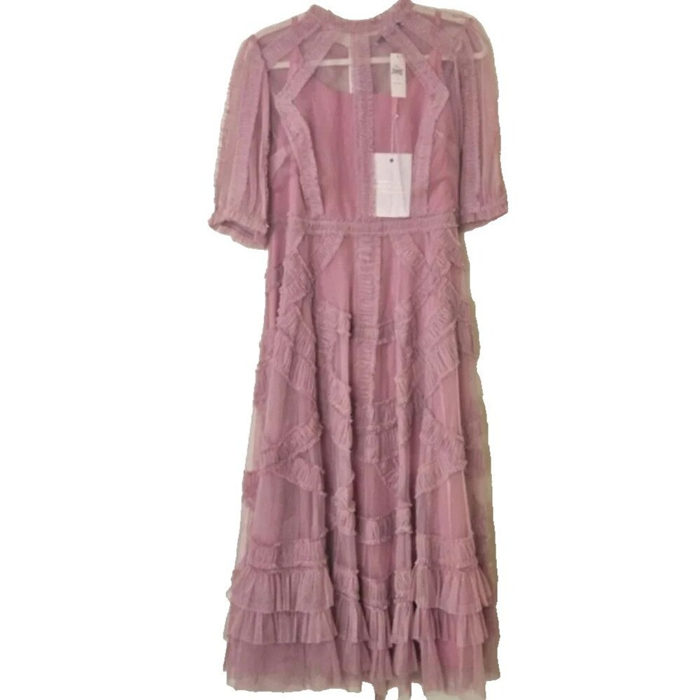 ANTHROPOLOGIE MAC DUGGAL 8058 High Neck Micro Ruffle Tiered Midi Dress Rose 18 - Picture 6 of 7